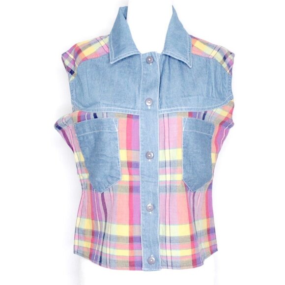 Women's Plaid Denim Sleeveless Top Size S - Picture 2 of 7